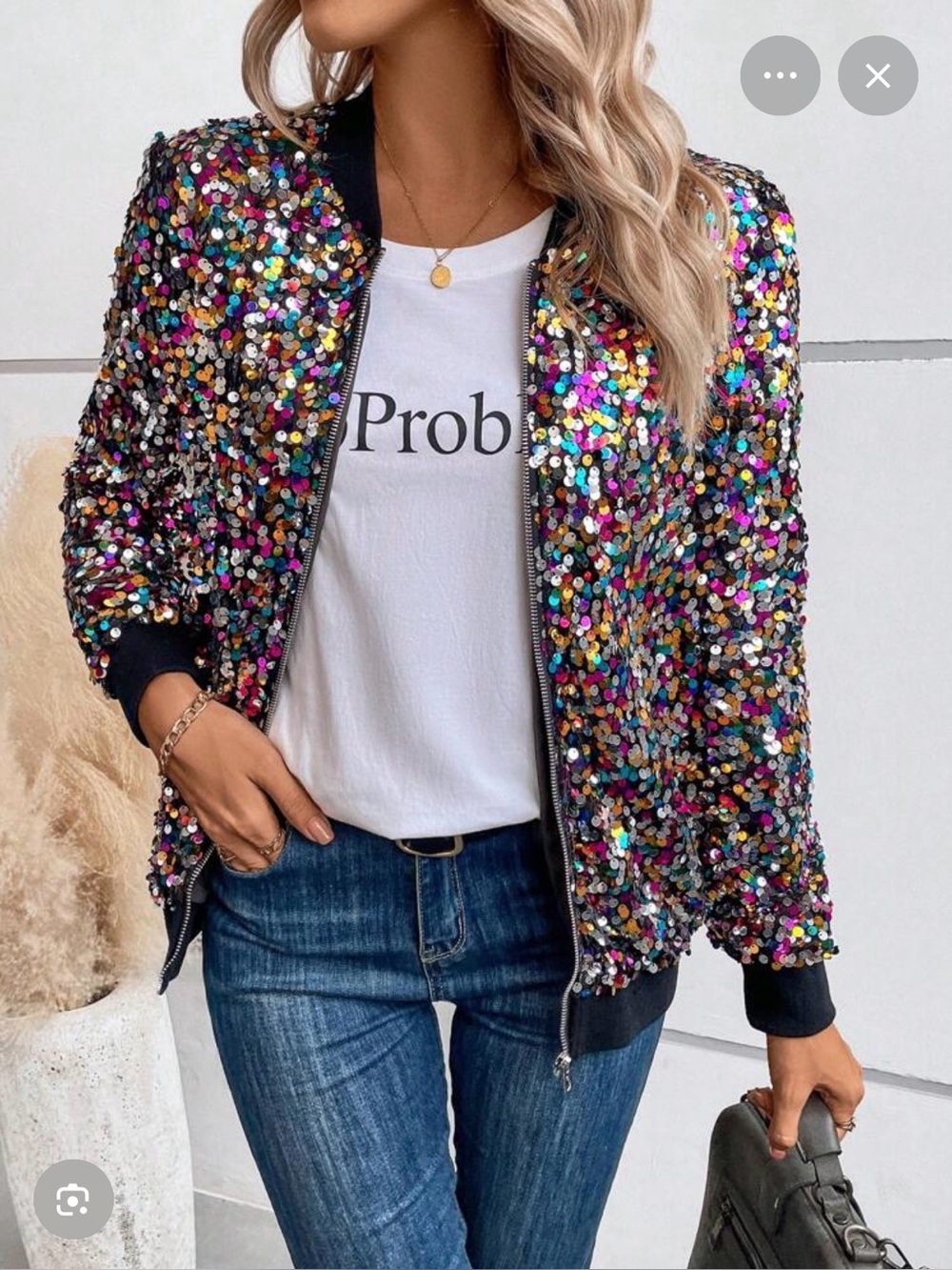 SHEIN Black Sequin Bomber Jacket with Multicolor Accents